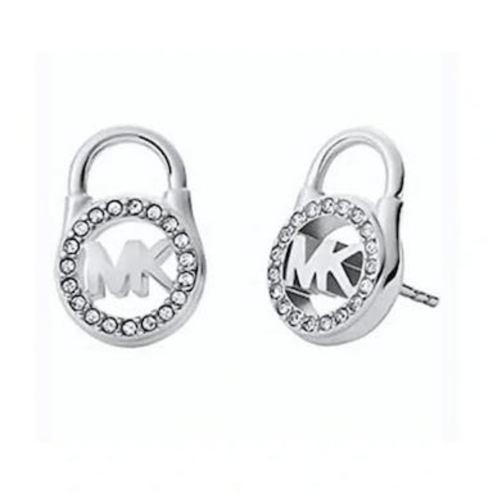 Michael Kors Silver Tone Pave Crystal Padlock Logo Earring Studs - Picture 2 of 5